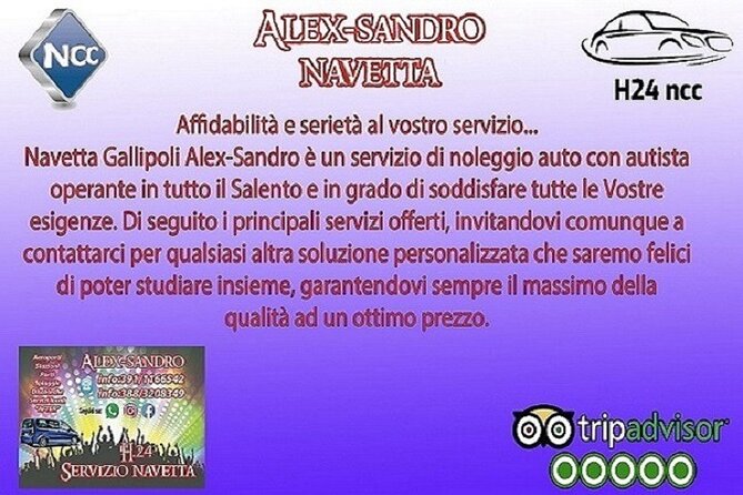Private car rental with driver in Salento - Gallipoli, Baia Verde, and Brindisi Airport Routes